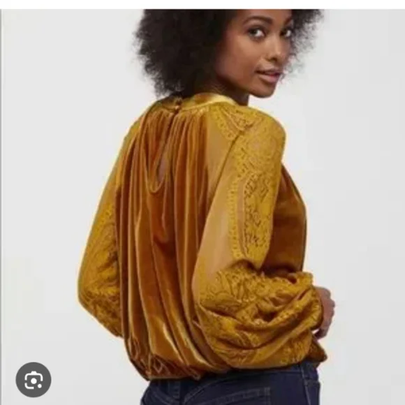 Free People Mustard Velvet Lace Blouse - Picture 3 of 6